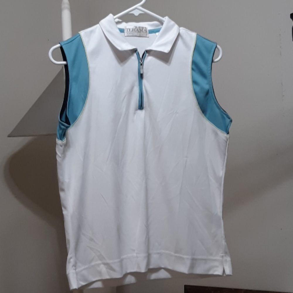 Womens Athletic Sports top Sz Med Knit Sleeveless Blue Green White Quarter Zip